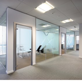 office glass wall with one way swing glass door design