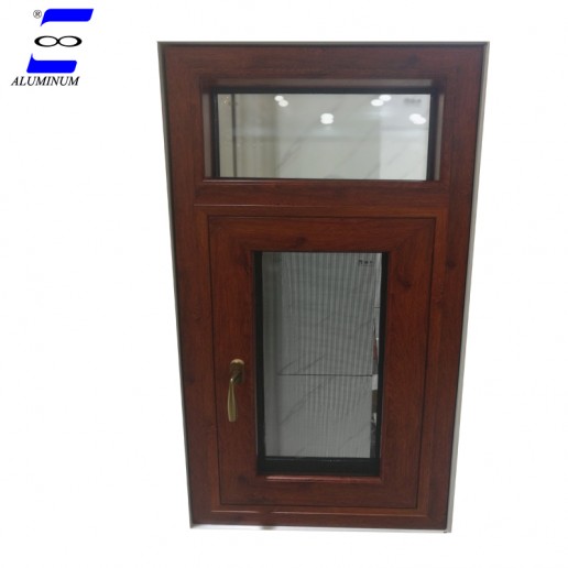 wooden color aluminum casement window with mosquito net